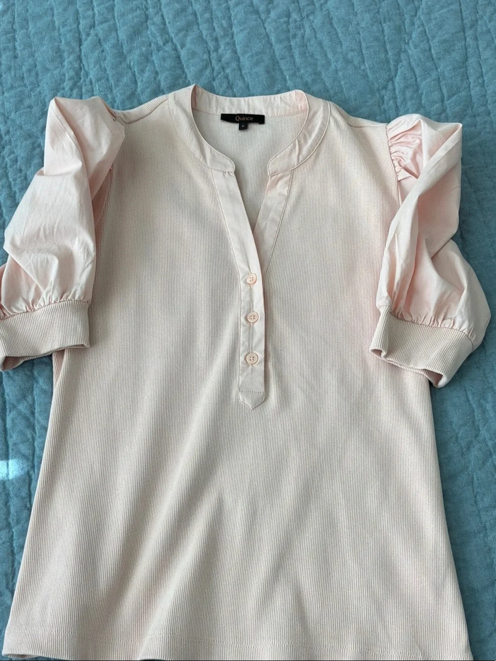 Quince Puff Sleeve Henley Top in Blush Pink - Picture 7 of 8